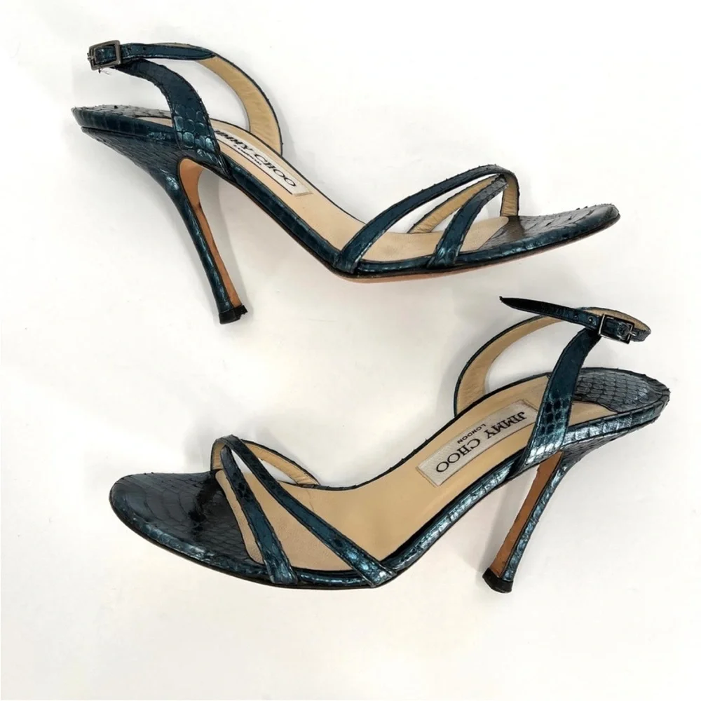 JIMMY CHOO Shoes Womens 38 Metallic Blue Snake Embossed Strappy Leather Sandal - Picture 6 of 14
